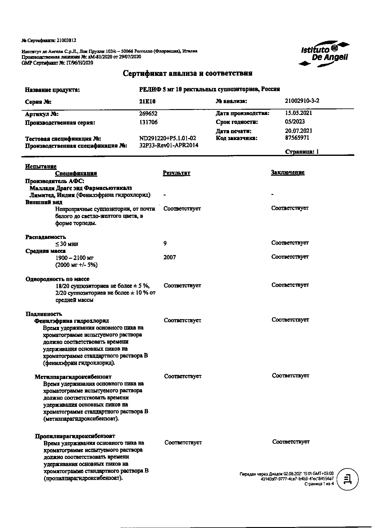 Сертификат на Релиф, суппозитории ректальные 5 мг, 10 шт.