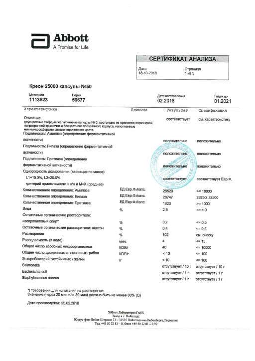 Сертификат на Креон 25 000, капсулы 25000 ЕД, 50 шт.