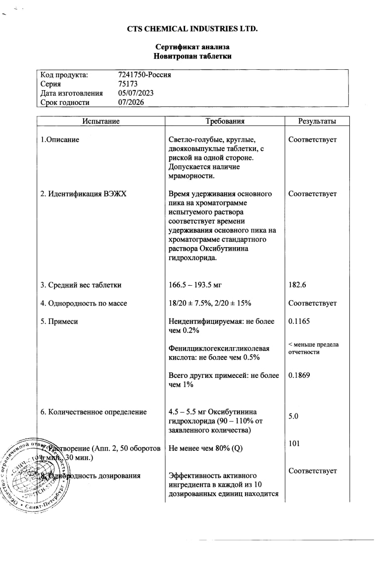 Сертификат на Новитропан, таблетки 5 мг, 30 шт.
