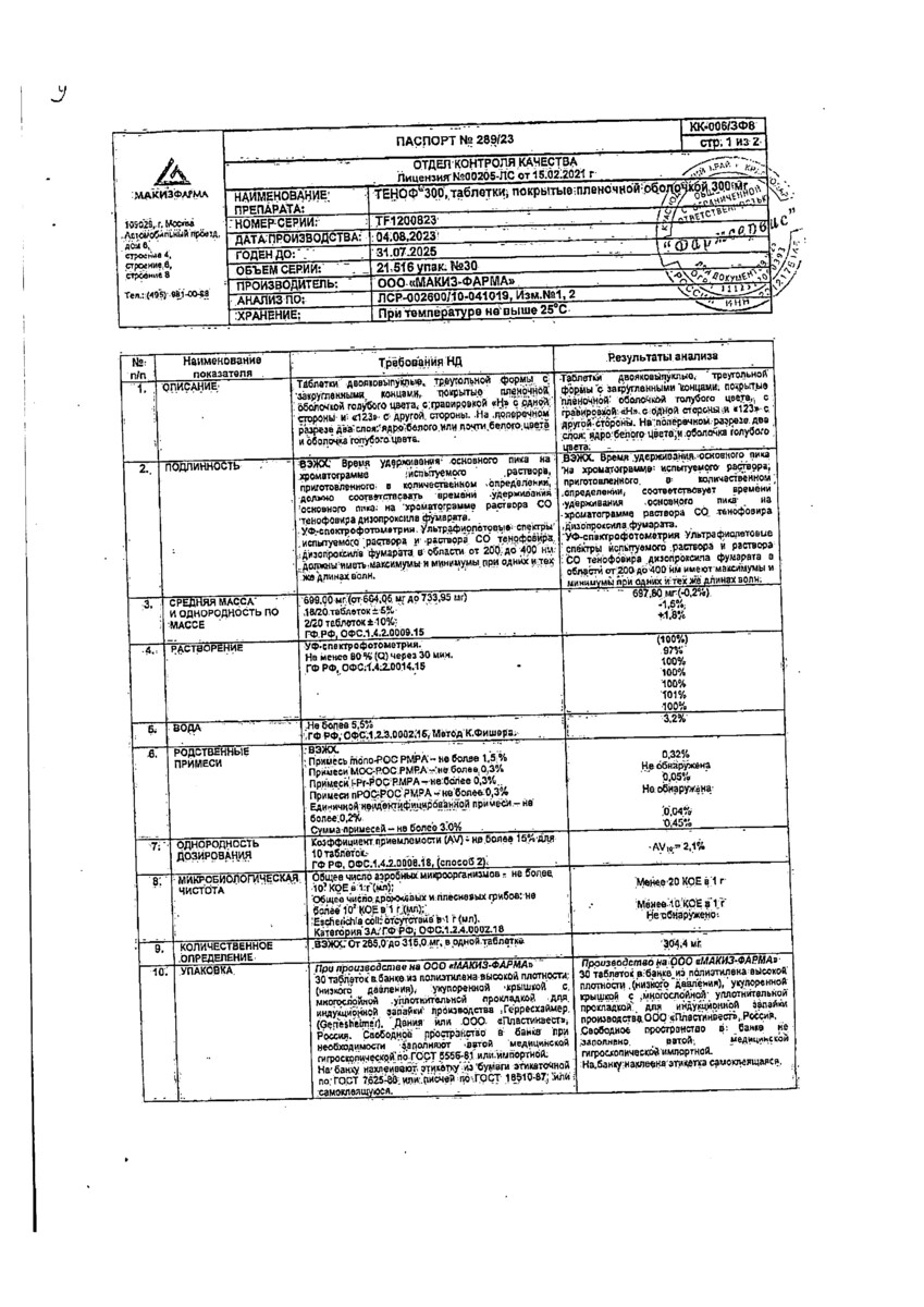 Сертификат на Теноф 300, таблетки покрытые пленочной оболочкой 300 мг, 30 шт.