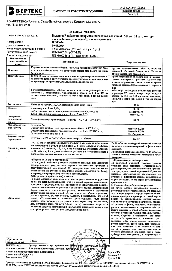 Сертификат на Валцикон, таблетки покрыт. плен. об. 500 мг, 42 шт.