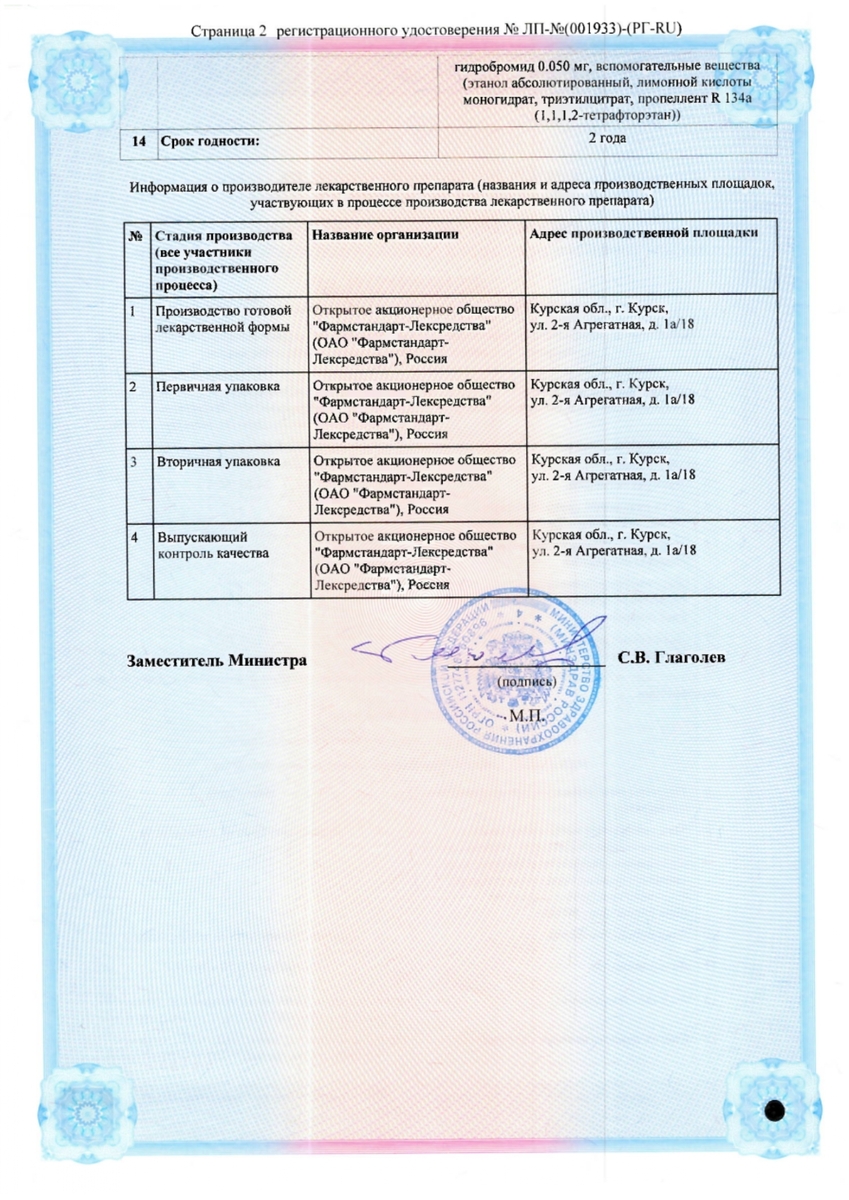 Сертификат на Ипратерол, аэрозоль для ингаляций дозированный, 20 мкг/доза+50 мкг/доза, баллон 200 доз