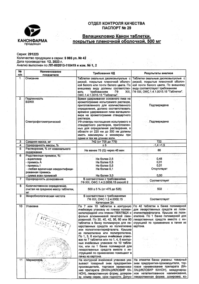 Сертификат на Валацикловир канон, таблетки покрытые пленочной оболочкой 500 мг, 42 шт.