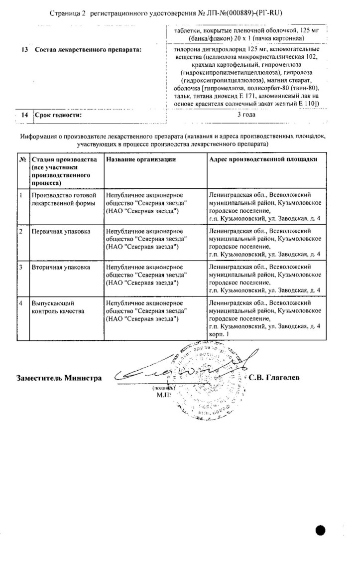 Сертификат на Тилорон-СЗ, таблетки покрытые пленочной оболочкой 125 мг, 6 шт.