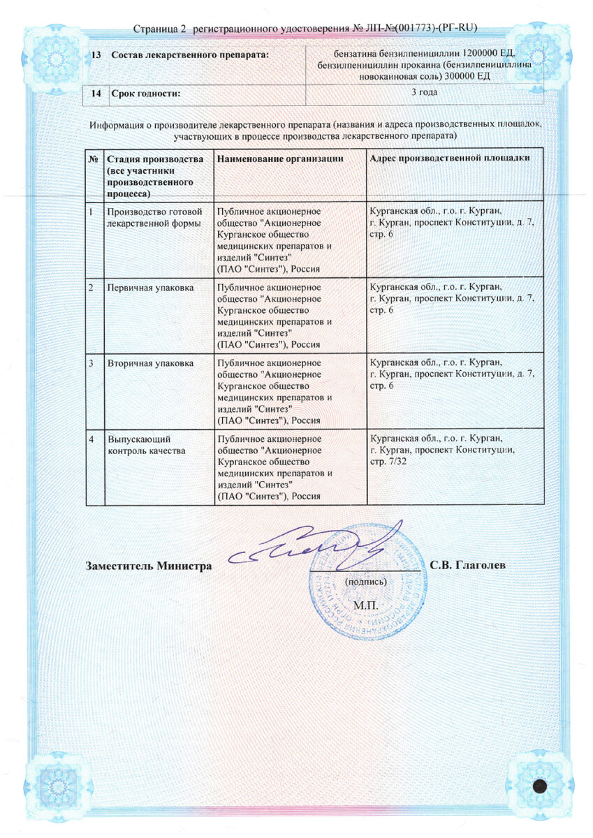 Сертификат на Бициллин-5, порошок 1.5 млн. ЕД, 10 мл
