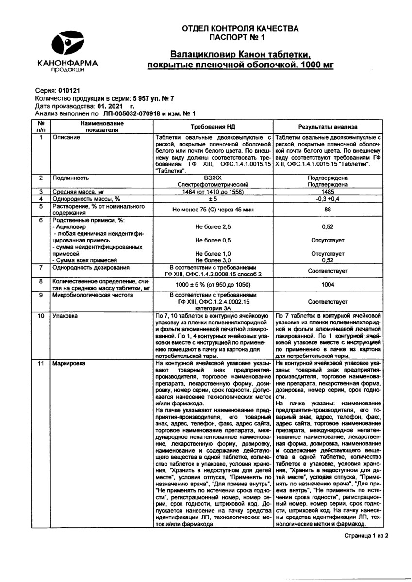 Сертификат на Валацикловир Канон, таблетки покрыт. плен. об. 1000 мг, 7 шт.