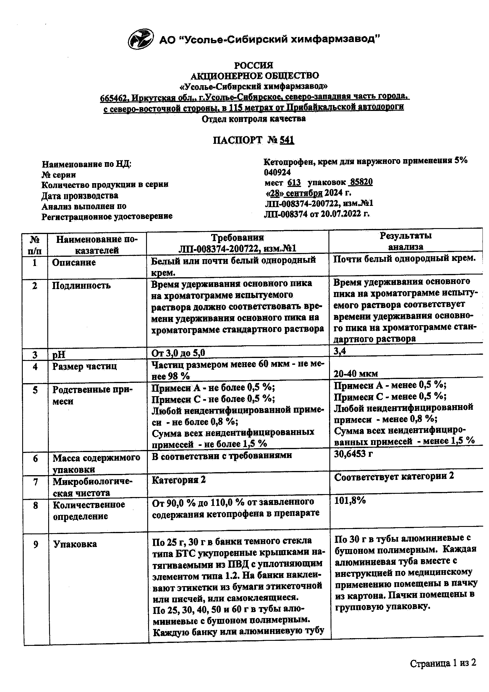 Сертификат на Кетопрофен, крем для наружного применения 5 %, туба 30 г