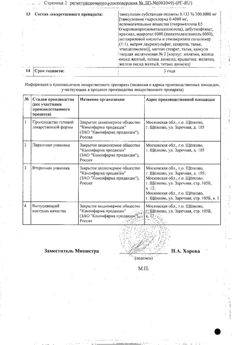 Сертификат на Тамсулозин Канон, капсулы кишечнорастворимые с пролонгированным высвобождением 0.4 мг, 90 шт.