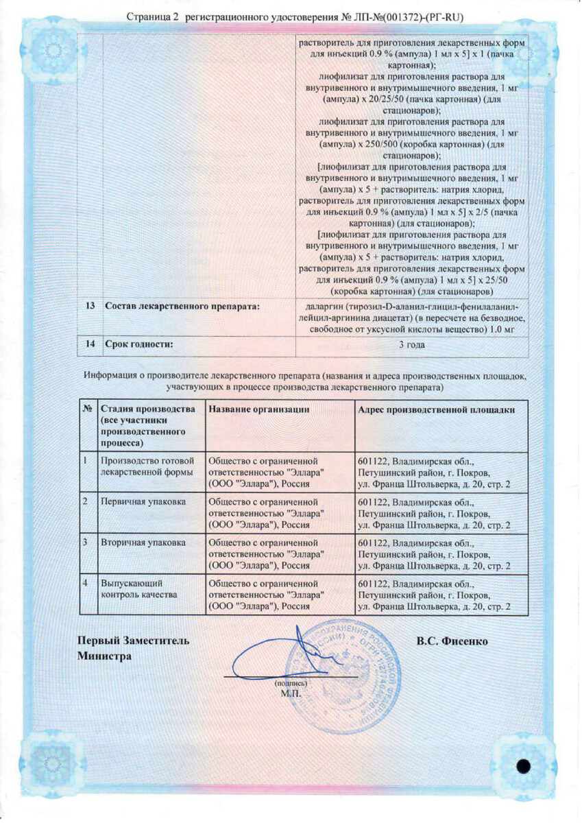 Сертификат на Даларгин-Эллара, лиофилизат 1 мг, ампулы, 10 шт.