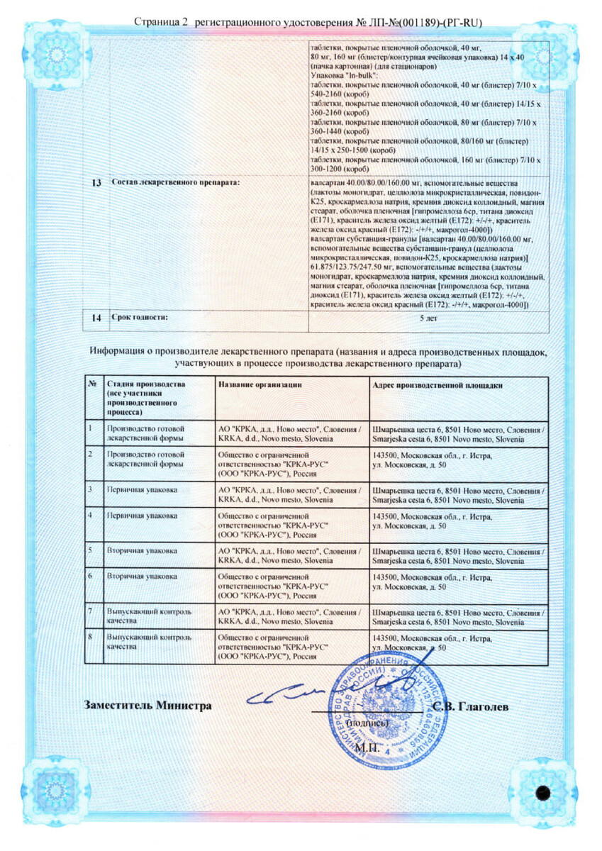 Сертификат на Вальсакор, таблетки покрыт. плен. об. 160 мг, 90 шт.