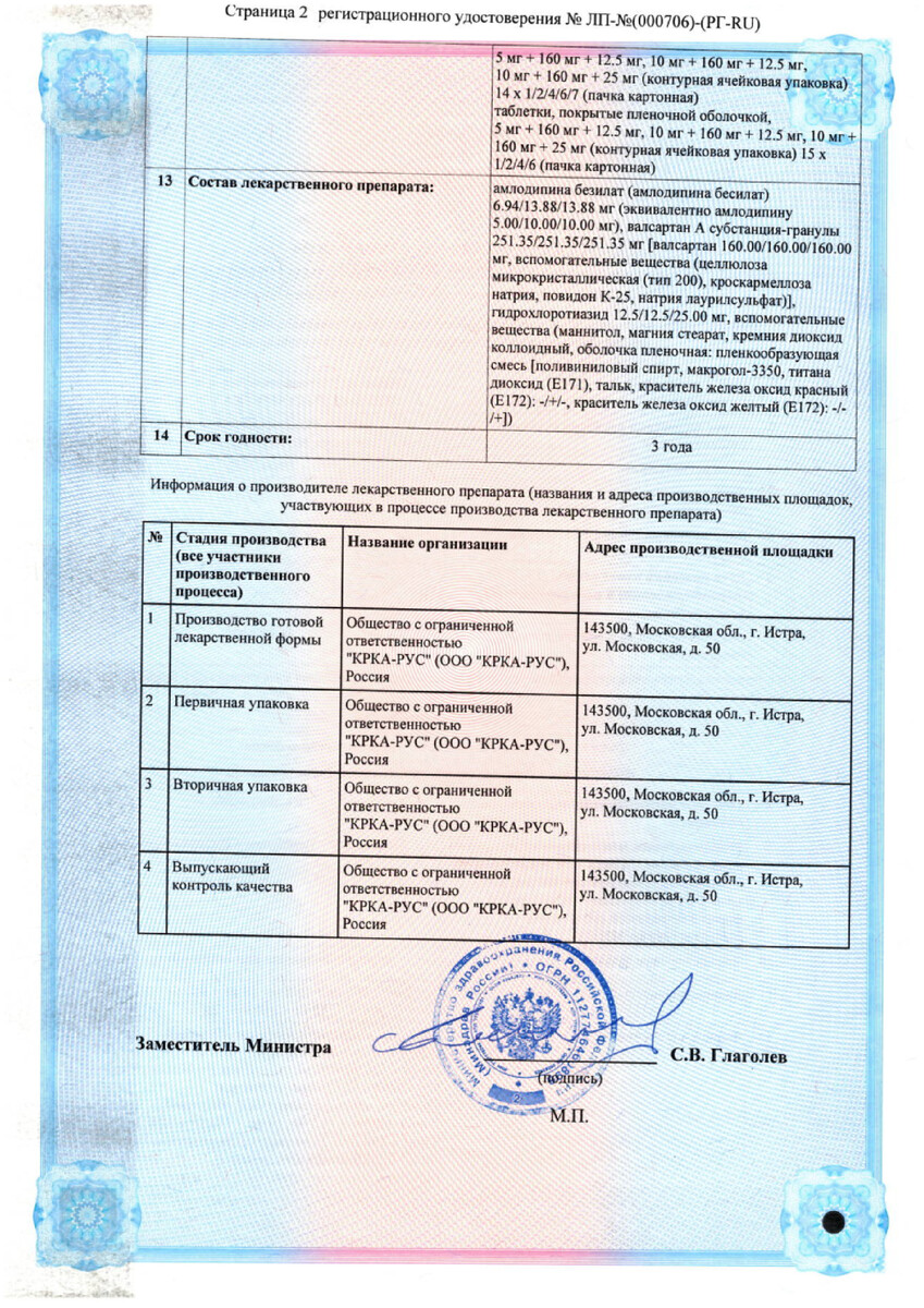 Сертификат на Ко-Вамлосет, таблетки покрыт. плен. об. 10 мг+160 мг+12,5 мг, 90 шт.
