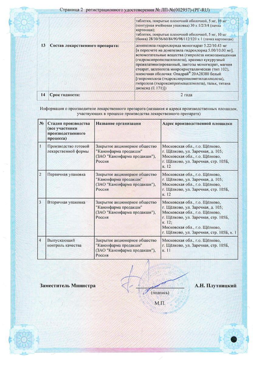 Сертификат на Донепезил Канон, таблетки покрыт. плен. об. 10 мг, 28 шт.