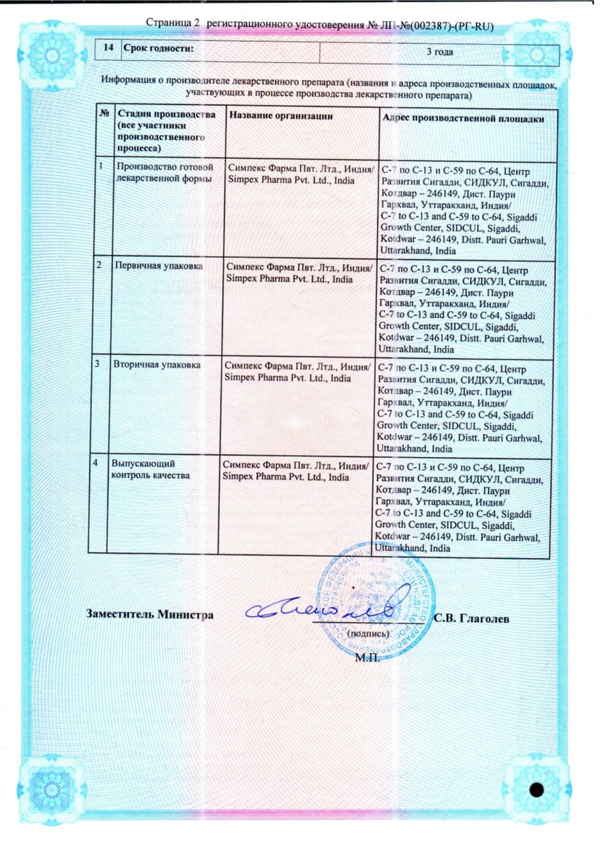 Сертификат на Симкоксиб, капсулы 200 мг, 10 шт.