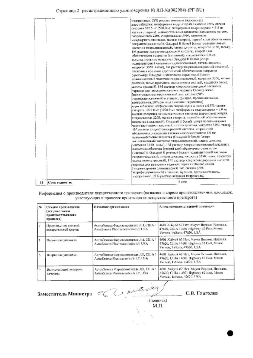 Сертификат на Комбоглиз Пролонг, таблетки с модифицированным высвобождением, покрыт. плен. об. 1000 мг+2.5 мг, 56 шт.
