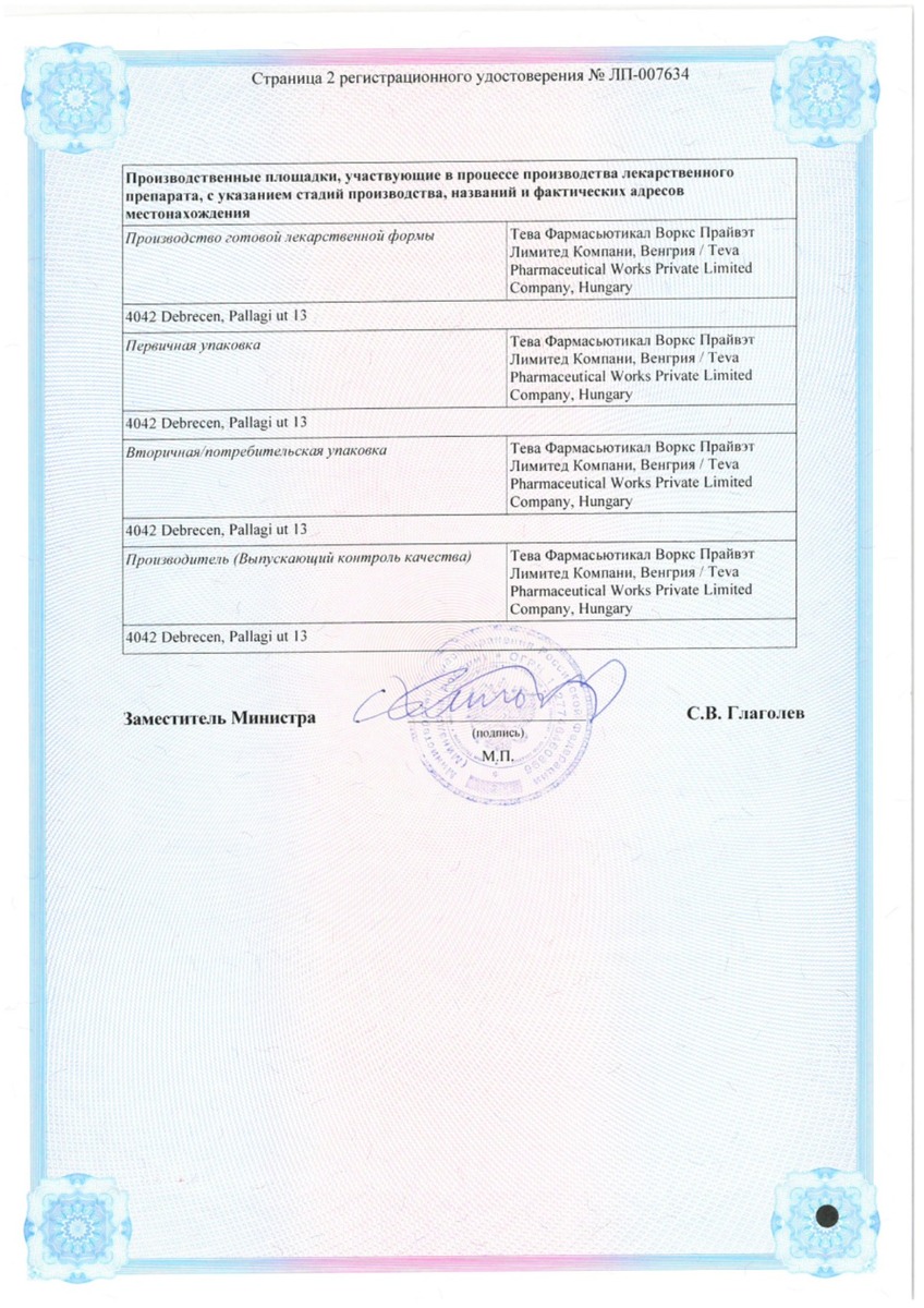 Сертификат на Амлодипин-Периндоприл-Тева, таблетки 5 мг +10 мг, 30 шт.