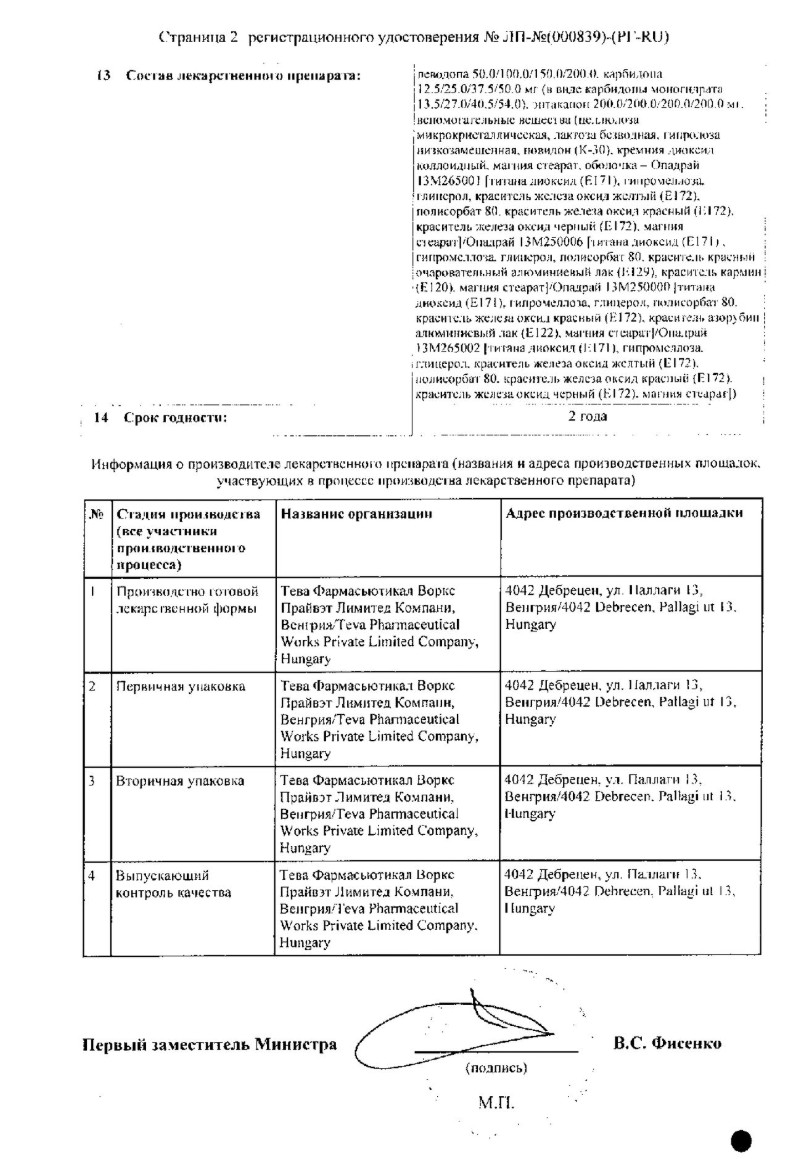 Сертификат на Леводопа/Карбидопа/Энтакапон-Тева таблетки, покрытые пленочной оболочкой 200 мг +50 мг +200 мг флакон, 30 шт