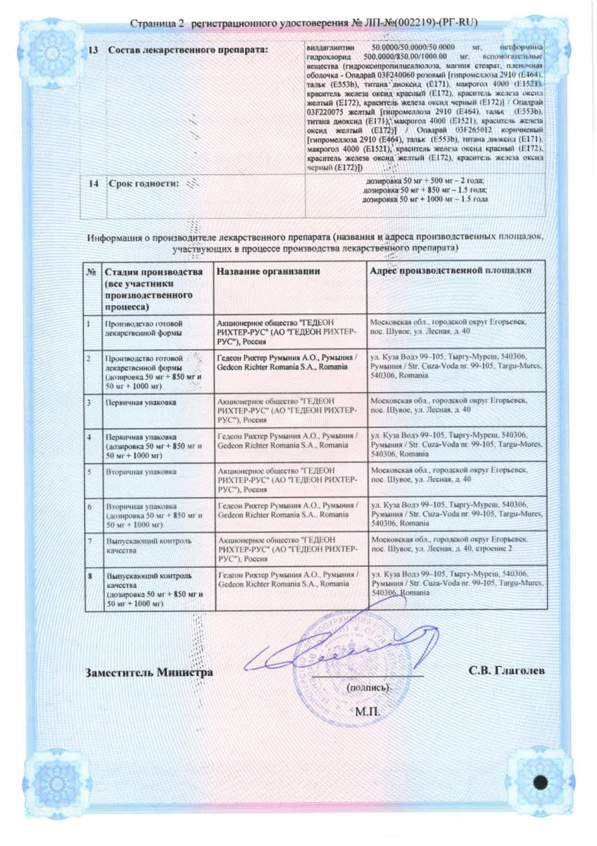 Сертификат на Агарта Мет, таблетки покрыт. плен. об. 50 мг+850 мг, 60 шт.