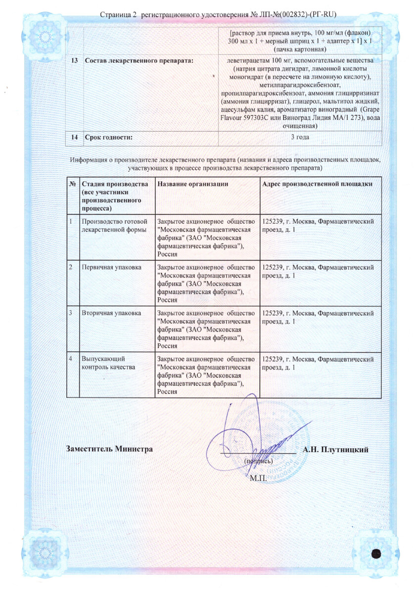 Сертификат на Леветинол, раствор для приема внутрь 100мг/мл, 300мл