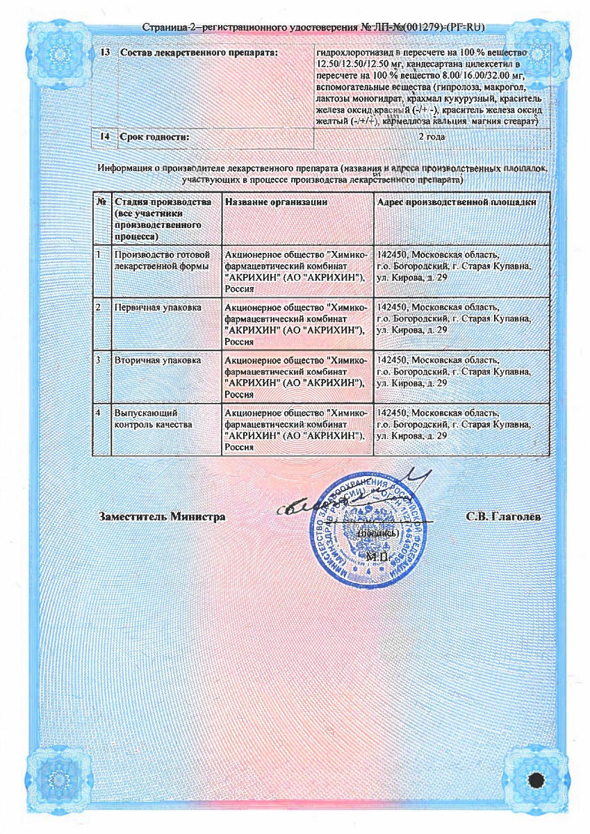 Сертификат на Гипосарт Н, таблетки 12,5 мг+16 мг, 30 шт.