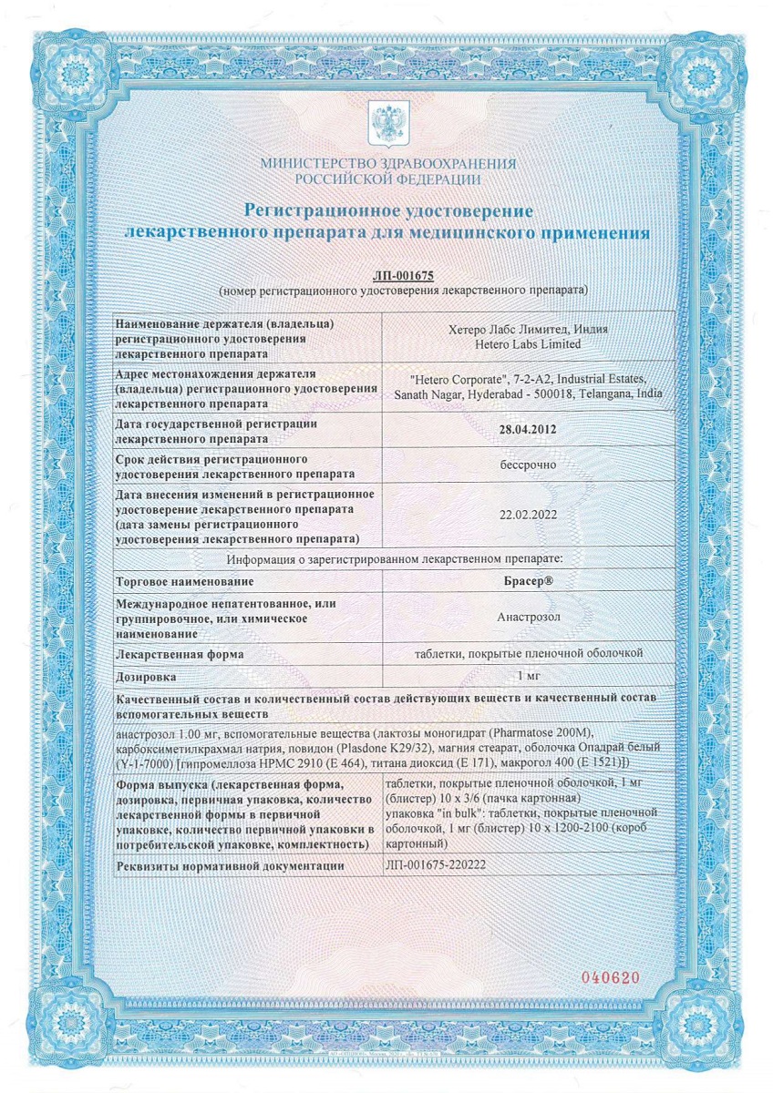Сертификат на Брасер таблетки, покрытые пленочной оболочкой 1 мг, 30 шт.