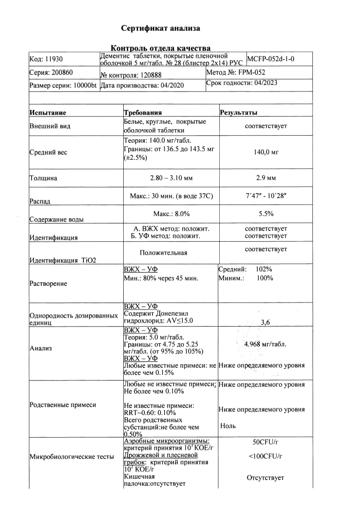 Сертификат на Дементис таблетки, покрытые пленочной оболочкой 5 мг, 28 шт.