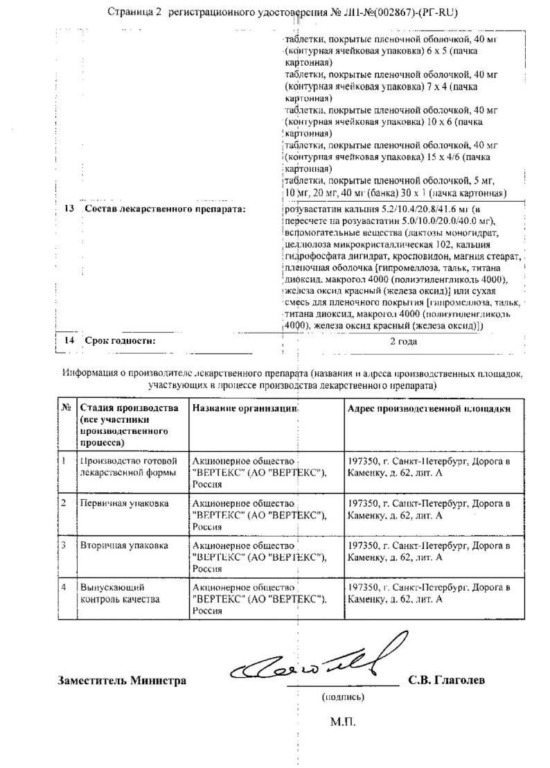 Сертификат на Розувастатин-Вертекс таблетки, покрытые пленочной оболочкой 20 мг, 90 шт.