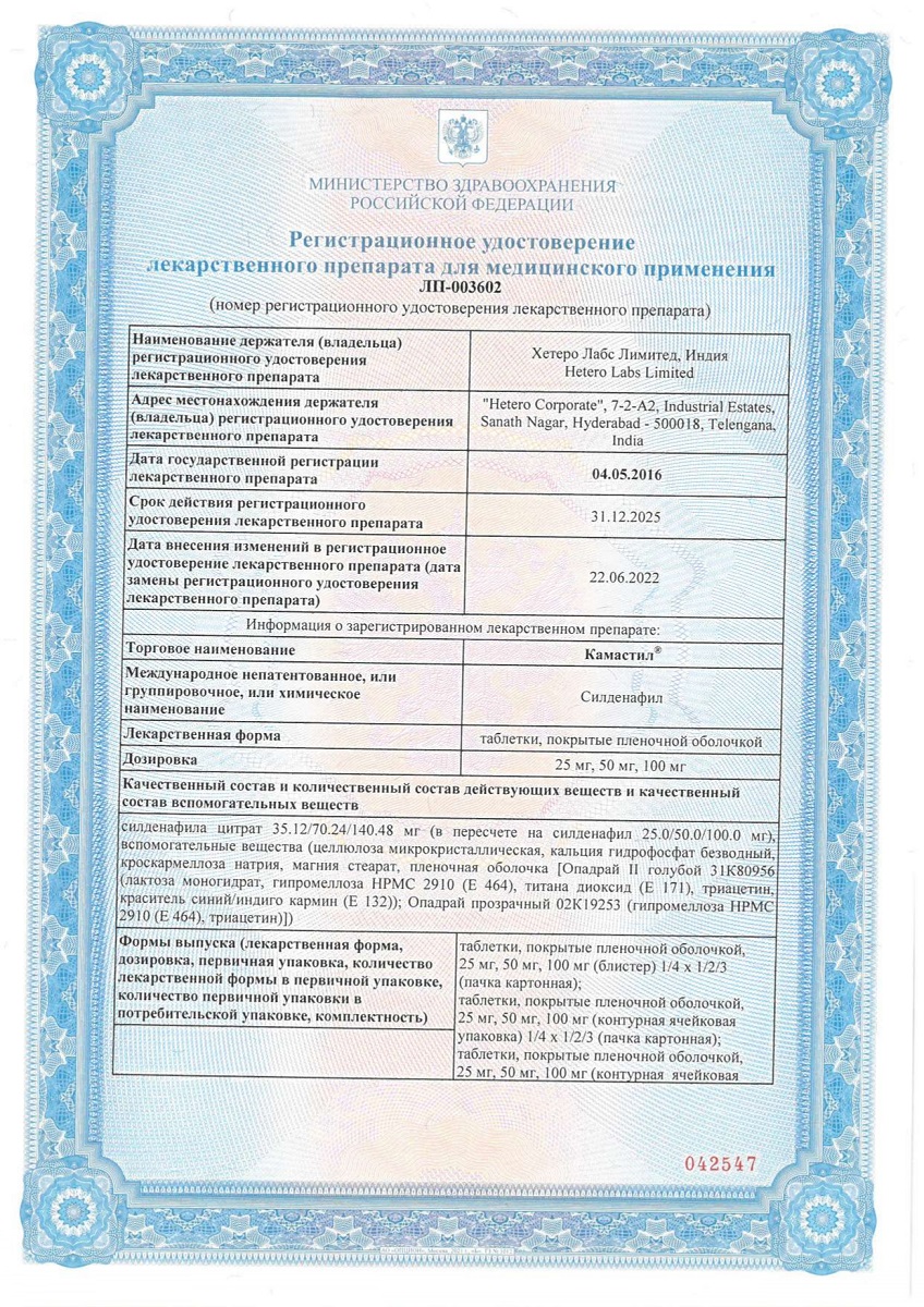 Сертификат на Камастил таблетки, покрытые пленочной оболочкой 100 мг, 10 шт.