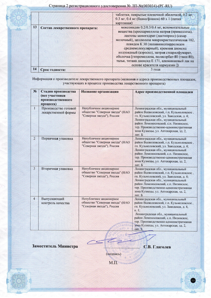 Сертификат на Моксонидин-СЗ, таблетки покрыт. плен. об. 0,4 мг, 90 шт.