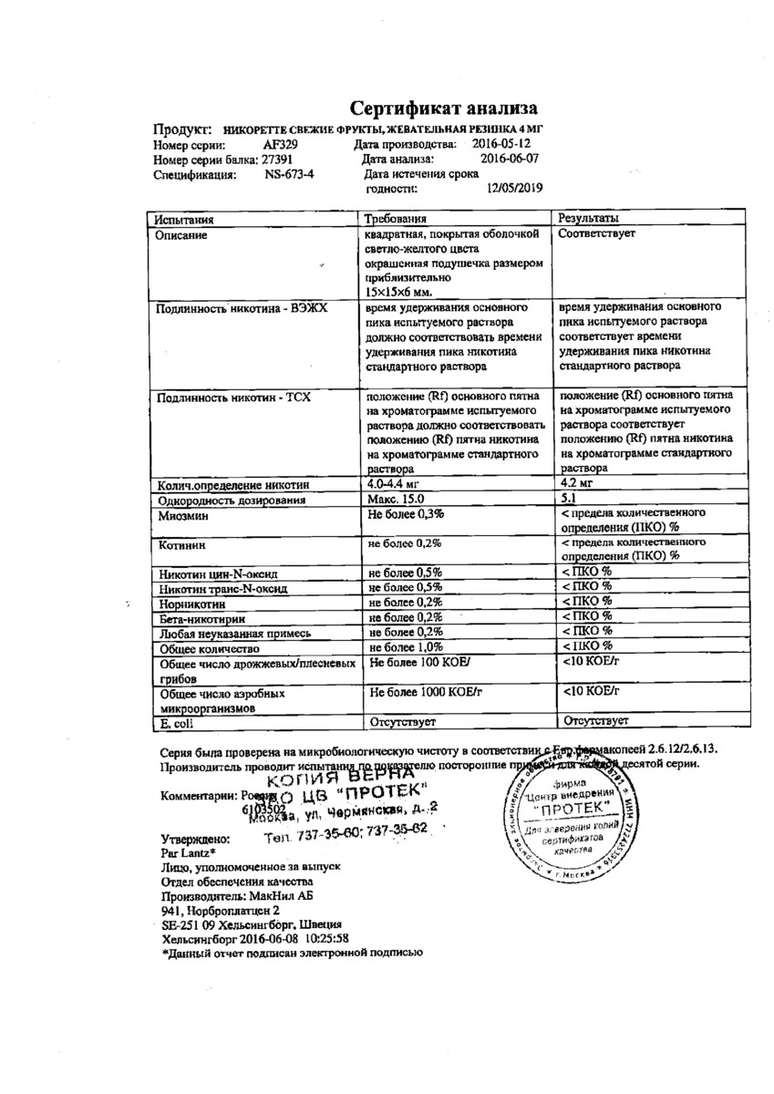 Сертификат на Никоретте, резинка жевательная 4 мг (свежие фрукты), 30 шт.
