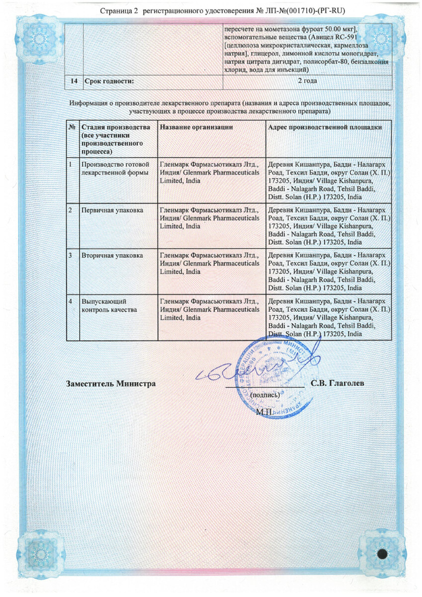 Сертификат на Момат Рино, спрей назальный 50 мкг/доза, 60 доз