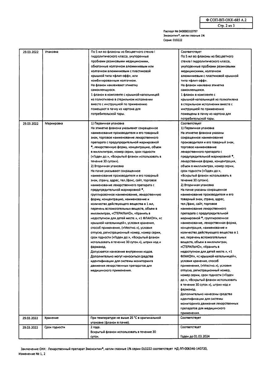 Сертификат на Эмоксипин, капли глазные 1% 5 мл, 1 шт.
