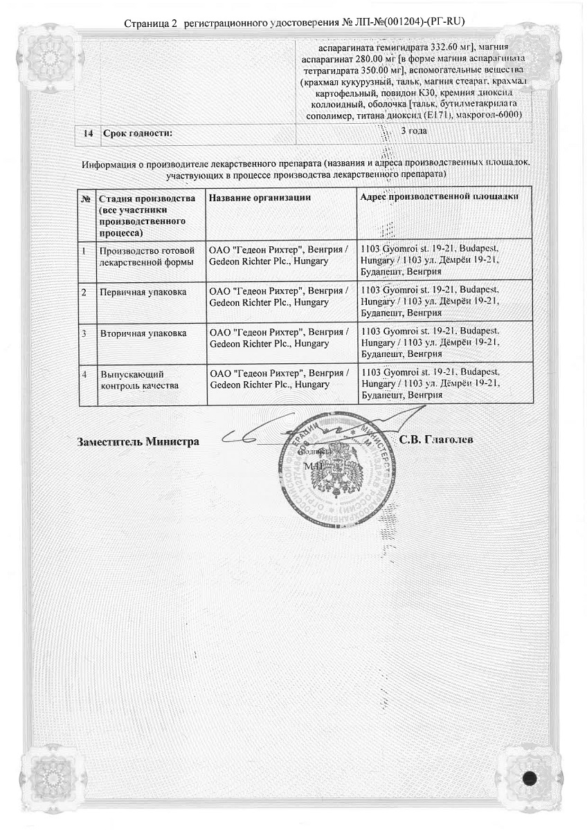 Сертификат Панангин форте, таблетки покрыт. плен. об. 316 мг+280 мг, 60 шт.