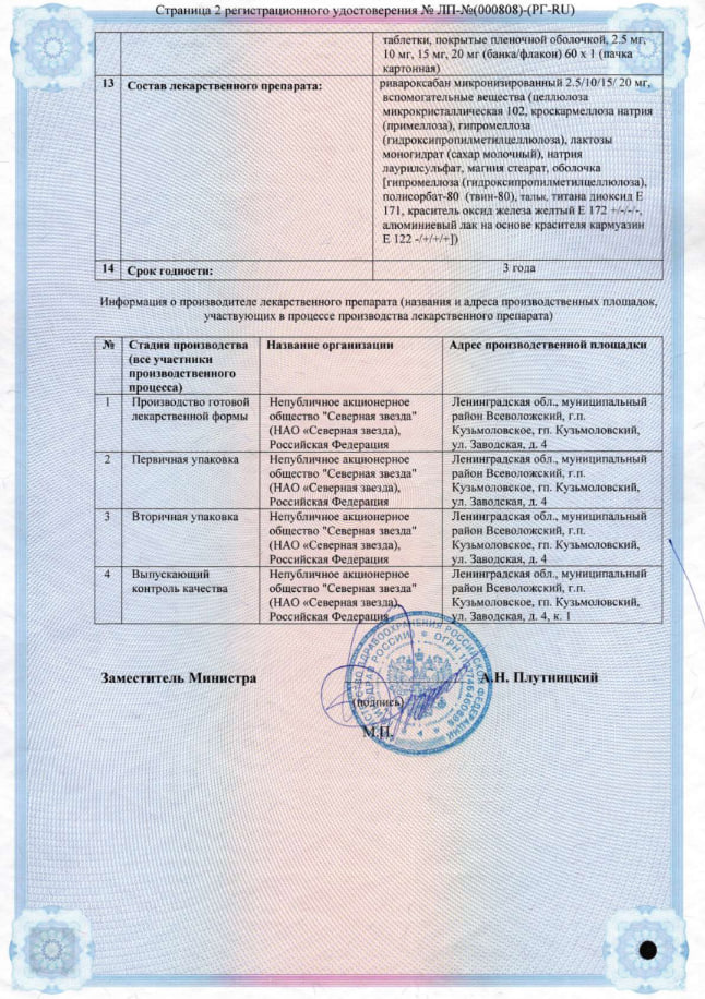 Сертификат на Ривароксабан-СЗ, таблетки покрытые оболочкой 20 мг, 30 шт.