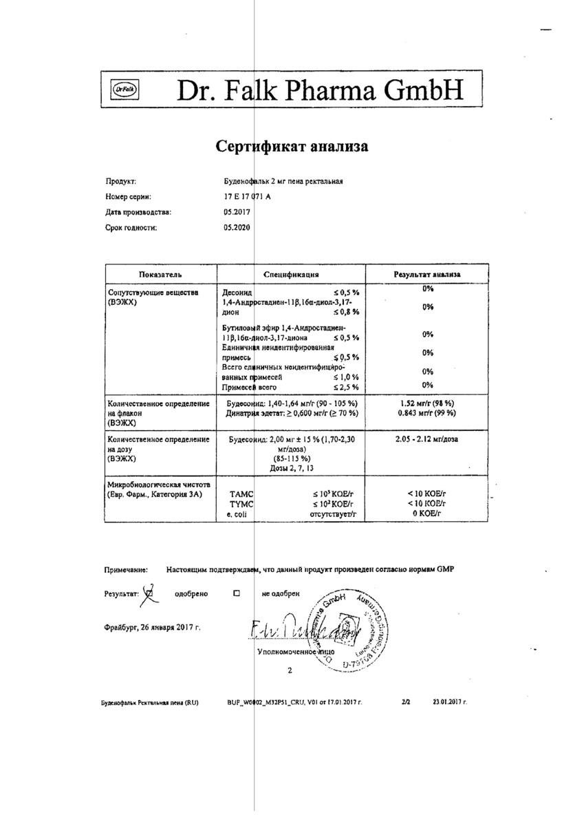 Сертификат на Буденофальк, пена ректальная дозированная 2 мг/доза 14 доз, 1 шт.