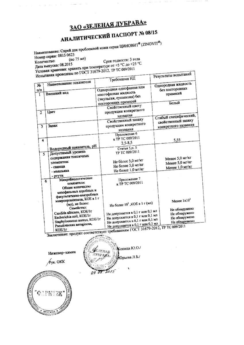 Сертификат на Циновит, спрей для проблемной кожи 75 мл, 1 шт.