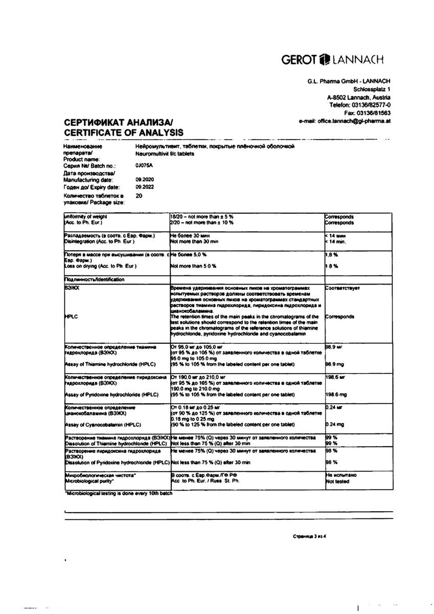 Сертификат на Нейромультивит, таблетки покрыт. плен. об. 200 мг+100 мг+0.2 мг, 20 шт.