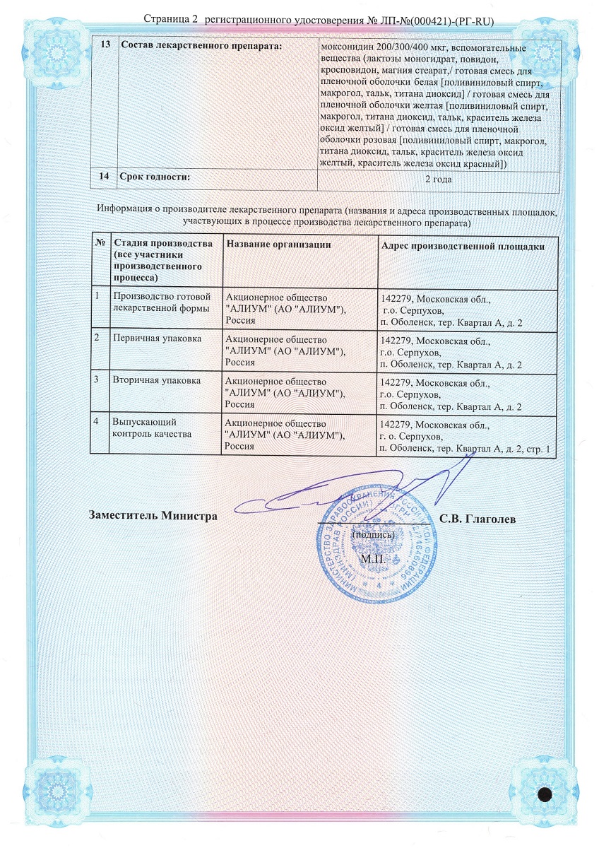 Сертификат на Моксонидин-Алиум таблетки, покрытые пленочной оболочкой 400 мкг, 14 шт.