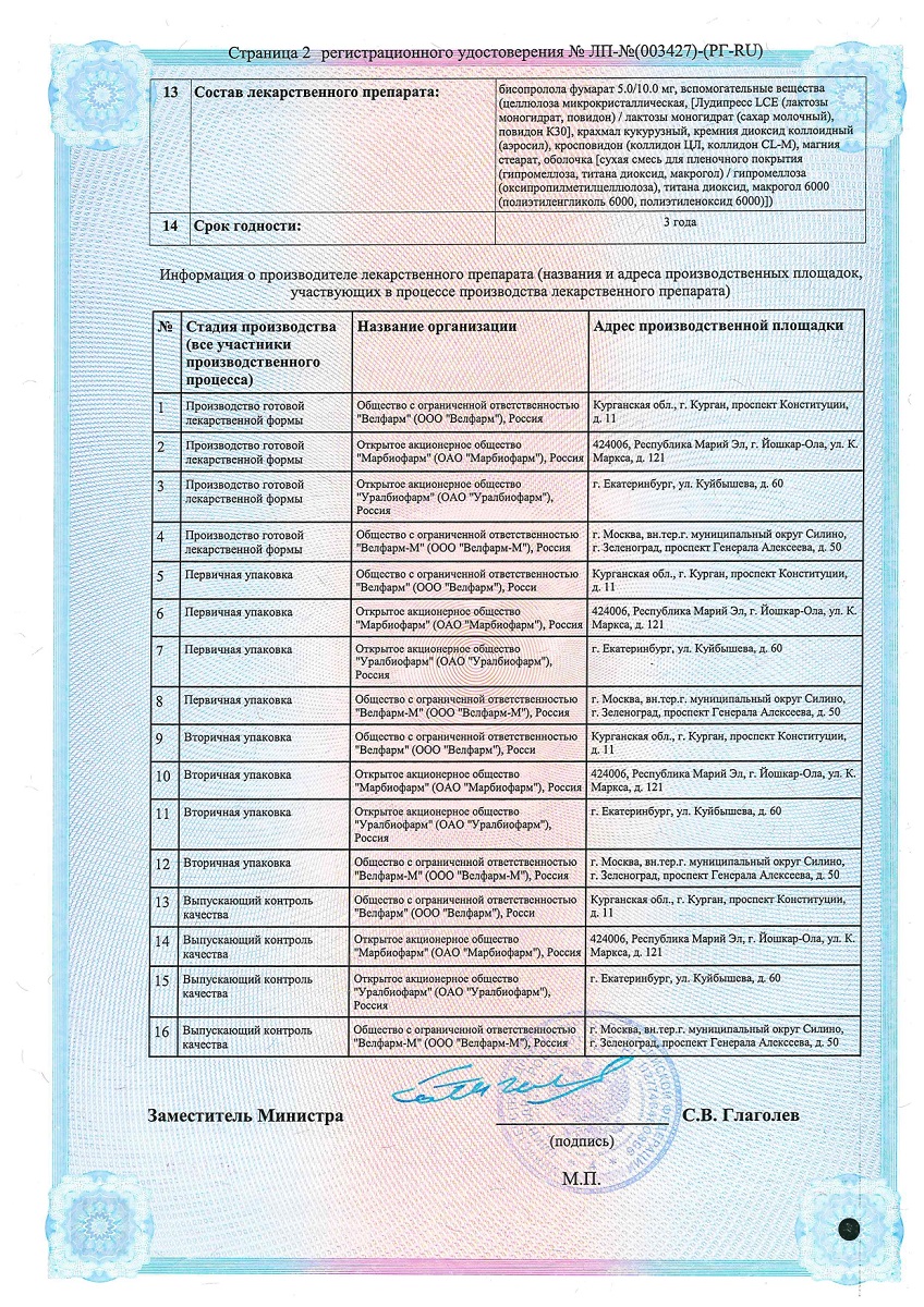Сертификат на Бисопролол Велфарм таблетки, покрытые пленочной оболочкой 5 мг, 30 шт.