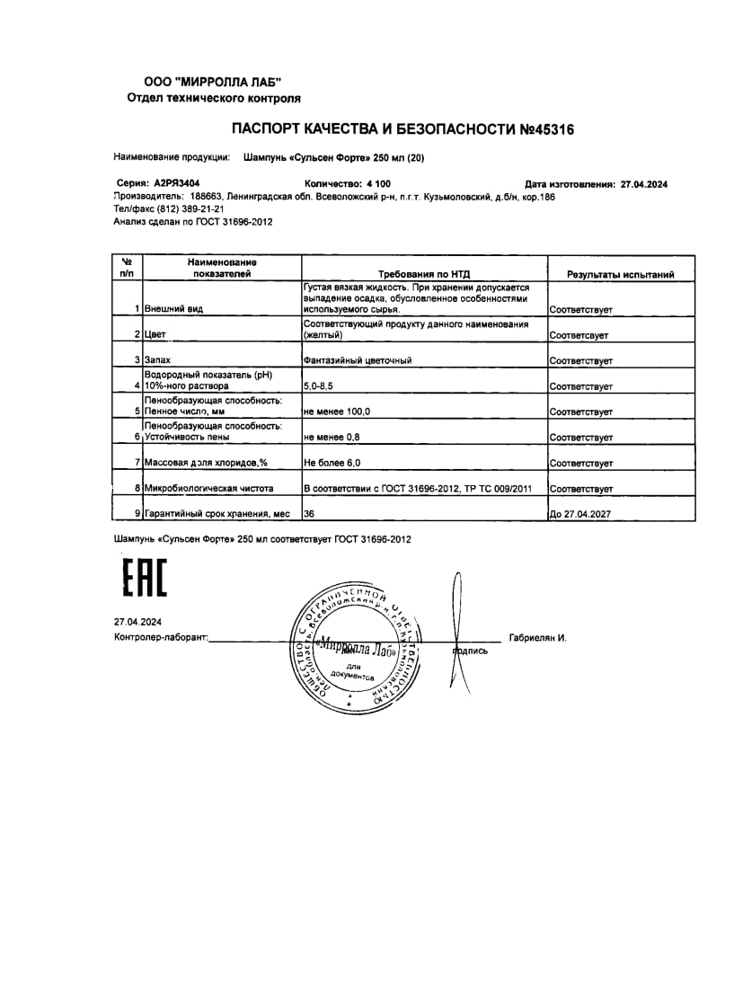 Сертификат на Сульсеновый шампунь Форте от перхоти, 250 мл
