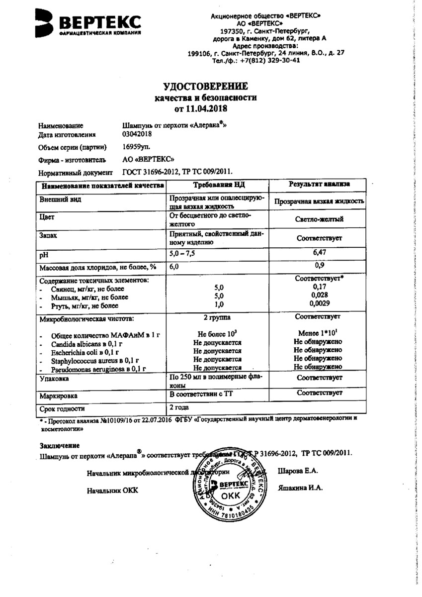 Сертификат на Алерана, шампунь против перхоти, 250 мл