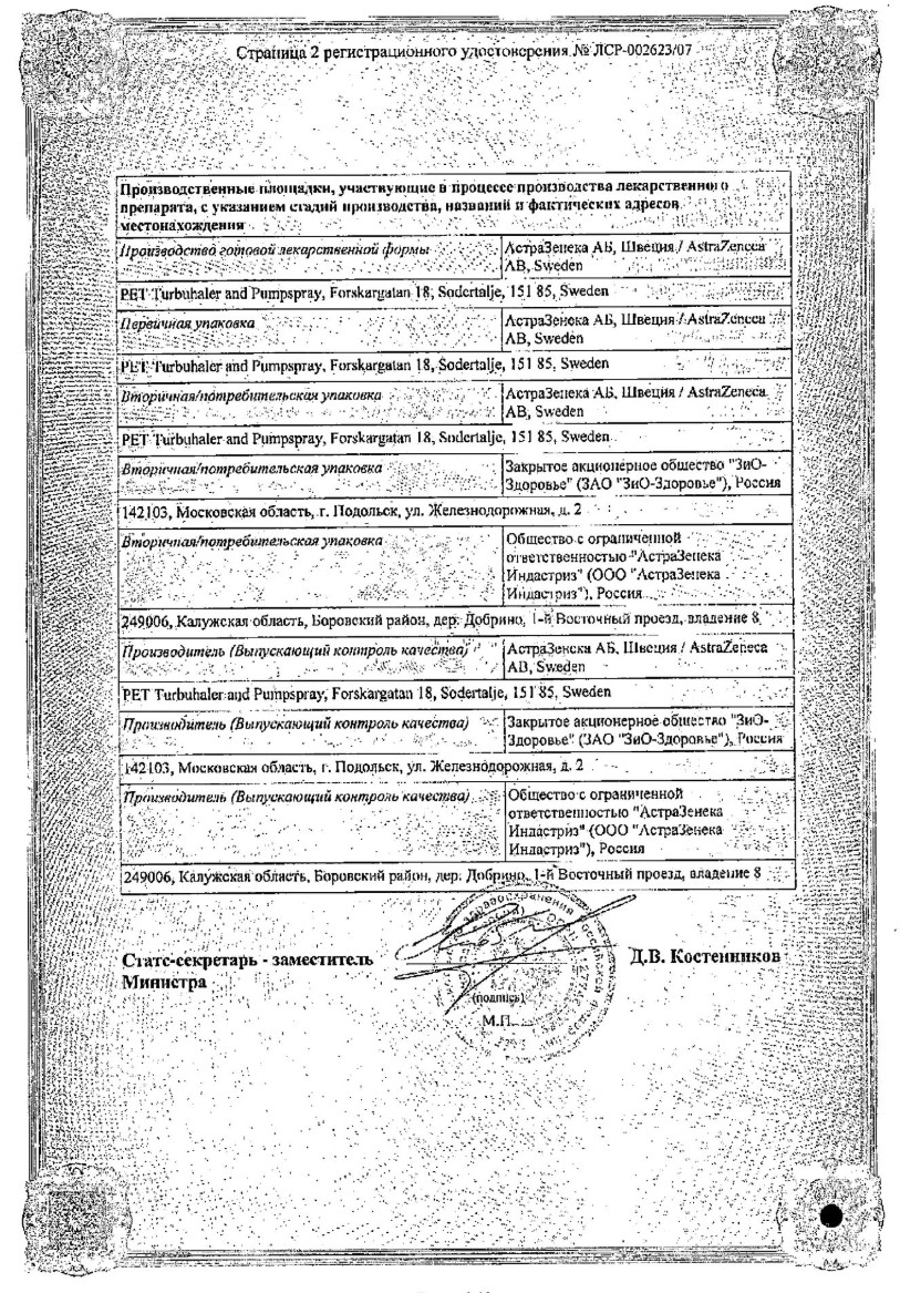 Сертификат на Симбикорт Турбухалер, порошок для ингаляций 320 мкг+9 мкг/доза, 60 доз