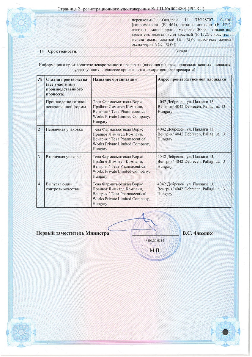 Сертификат на Суматриптан-Тева, таблетки покрыт. плен. об. 100 мг, 12 шт.