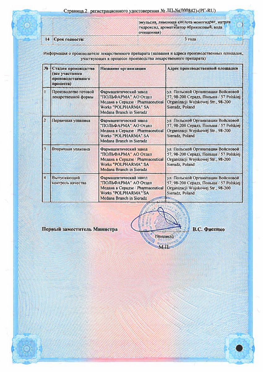 Сертификат на Пирантел, суспензия 250 мг/5 мл, 15 мл