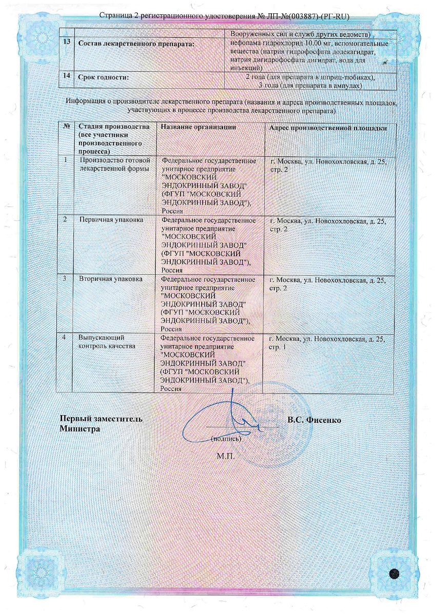 Сертификат на Нефопам, раствор д/инфуз и в/м введения 10 мг/мл, шприц 2 мл, 100 шт.