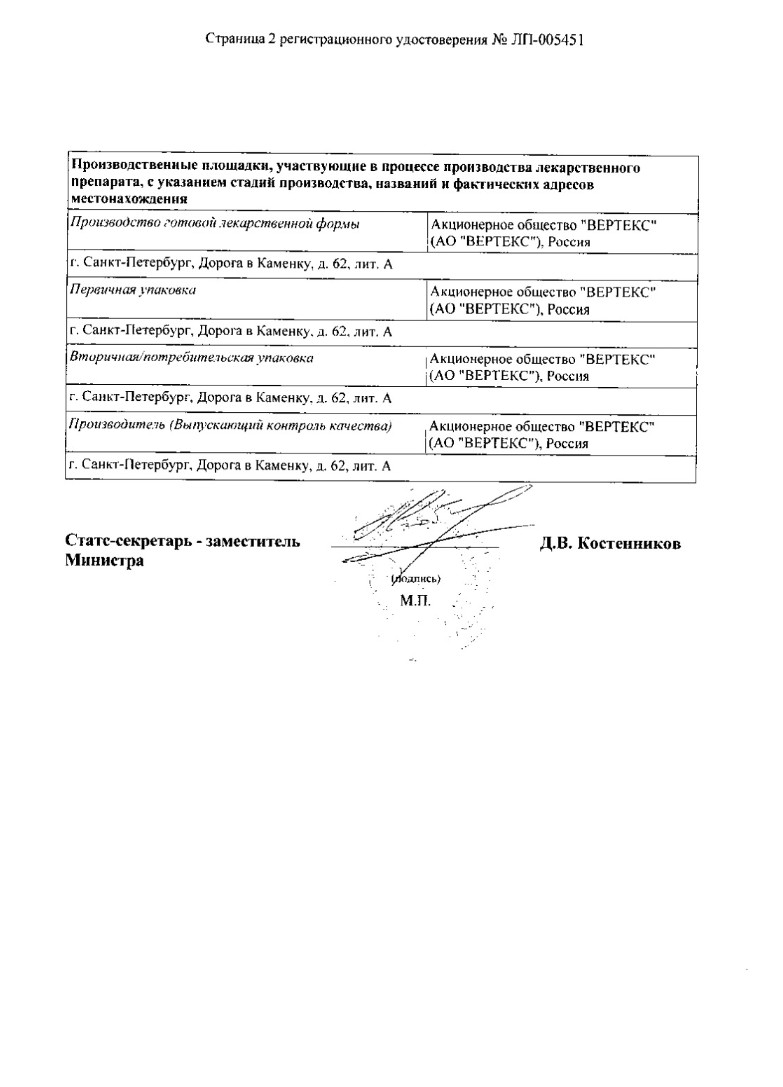 Сертификат на Левоцетиризин-Вертекс, таблетки покрыт. плен. об. 5 мг, 30 шт.