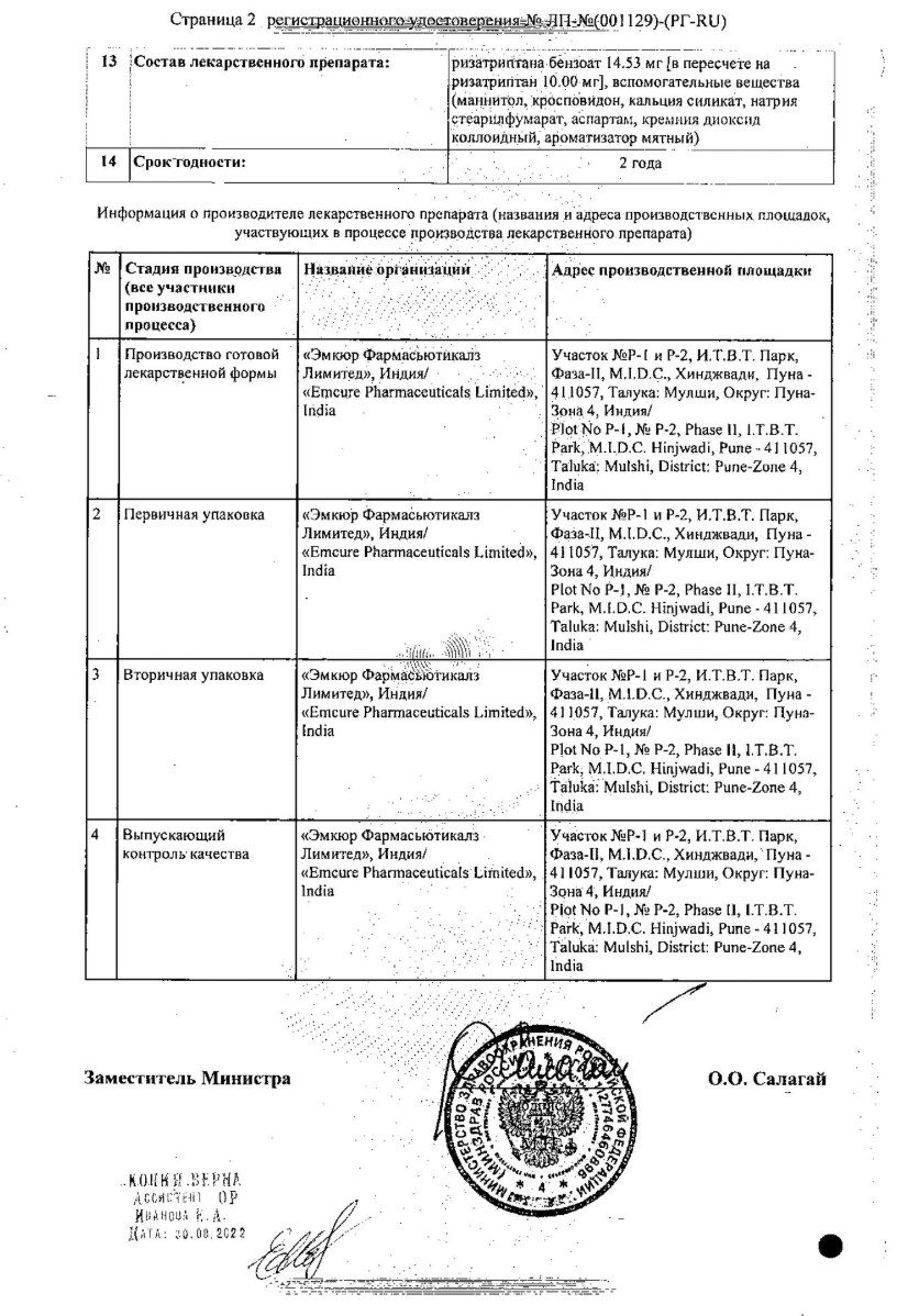 Сертификат на Капориза, таблетки, диспергируемые в полости рта 10 мг, 6 шт.
