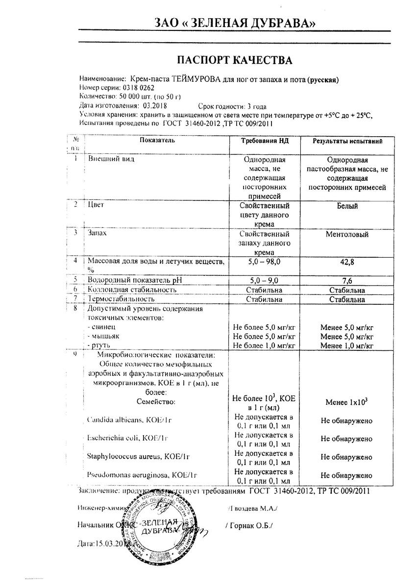 Сертификат на Крем-паста Теймурова от запаха и пота для ног 50 г, 1 шт.