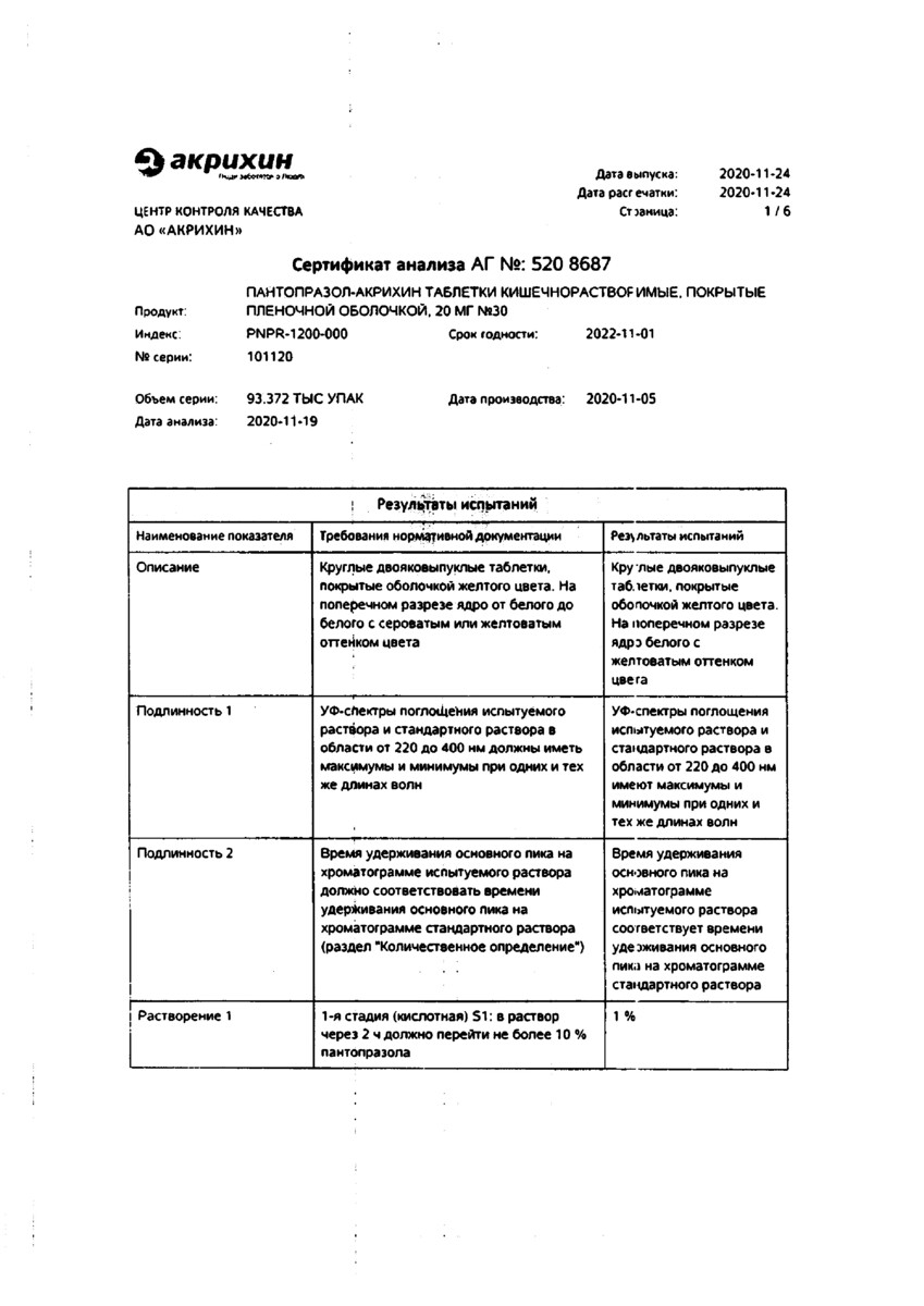 Сертификат на Пантопразол-Акрихин, таблетки покрыт. плен. об. 20 мг, 30 шт