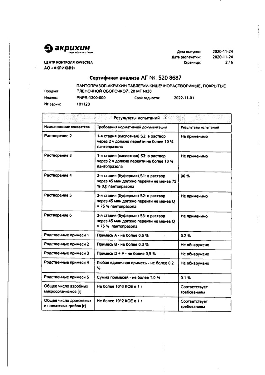 Сертификат на Пантопразол-Акрихин, таблетки покрыт. плен. об. 20 мг, 30 шт