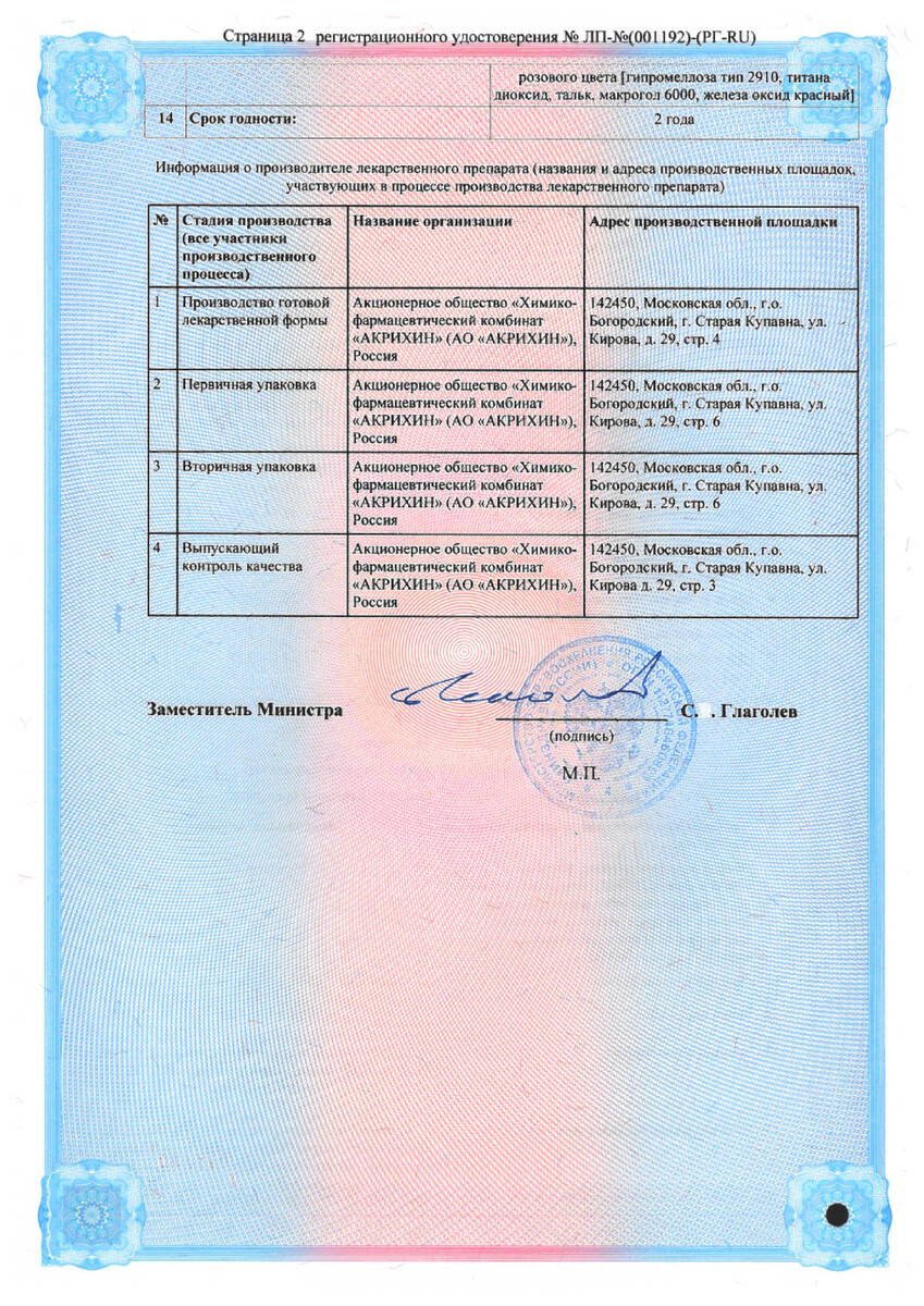 Сертификат на Моксонидин-Акрихин, таблетки покрыт. плен. об. 0,2 мг, 30 шт.